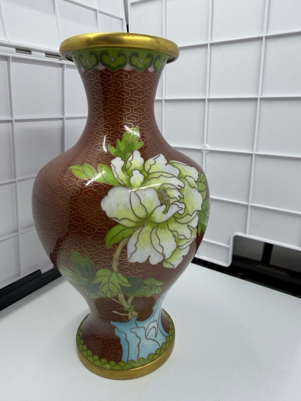 Vintage Chinese Cloisonné Vase: Dark Red With White Peony, Enamel & Bronze 7.25”